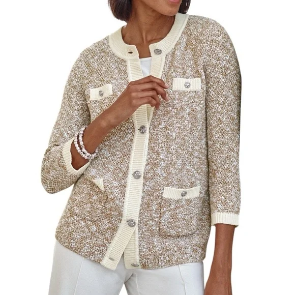 J. Jill Wearever Contrast Trimmed Knit Cardigan Jacket in Camel/Porcelain - M